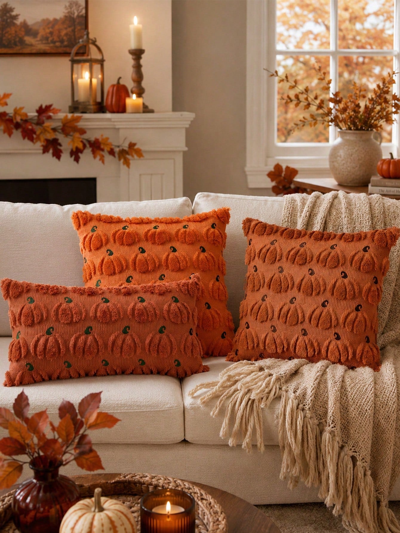 1pc Fall Pillow Covers, Pumpkin Pattern Embroidery Decorative Throws Pillowcases Autumn Halloween Soft Plush Faux Wool Pillows For Home Couch Sofa Bedroom Chair