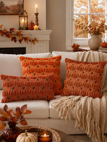 1pc Fall Pillow Covers, Pumpkin Pattern Embroidery Decorative Throws Pillowcases Autumn Halloween Soft Plush Faux Wool Pillows For Home Couch Sofa Bedroom Chair