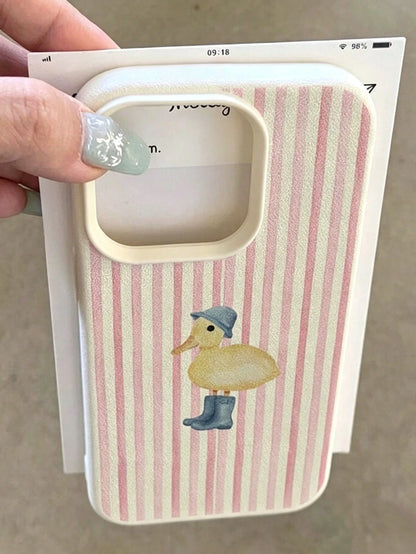 1pc Fashionable Cute Pink Striped Yellow Duck Pattern Phone Case, Suitable For IPhone18/18Pro/18ProMax/17/17Pro/17ProMax/16/16Pro/16ProMax/15/14/13/12/11 Anti-Drop Soft Shell Protective Cover