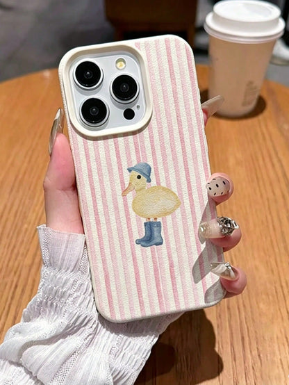 1pc Fashionable Cute Pink Striped Yellow Duck Pattern Phone Case, Suitable For IPhone18/18Pro/18ProMax/17/17Pro/17ProMax/16/16Pro/16ProMax/15/14/13/12/11 Anti-Drop Soft Shell Protective Cover