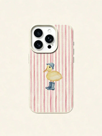 1pc Fashionable Cute Pink Striped Yellow Duck Pattern Phone Case, Suitable For IPhone18/18Pro/18ProMax/17/17Pro/17ProMax/16/16Pro/16ProMax/15/14/13/12/11 Anti-Drop Soft Shell Protective Cover