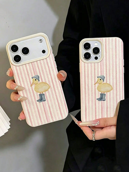 1pc Fashionable Cute Pink Striped Yellow Duck Pattern Phone Case, Suitable For IPhone18/18Pro/18ProMax/17/17Pro/17ProMax/16/16Pro/16ProMax/15/14/13/12/11 Anti-Drop Soft Shell Protective Cover