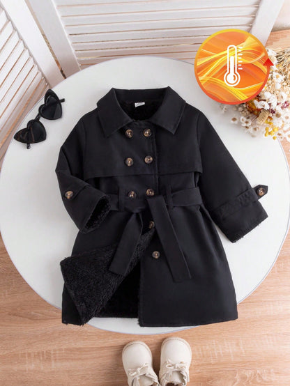 1pc Fashionable Minimalist Street Style Black Long Sleeve Lapel Long Trench Coat With Fur Decor Inside And Belt, Suitable For Daily Wear And School