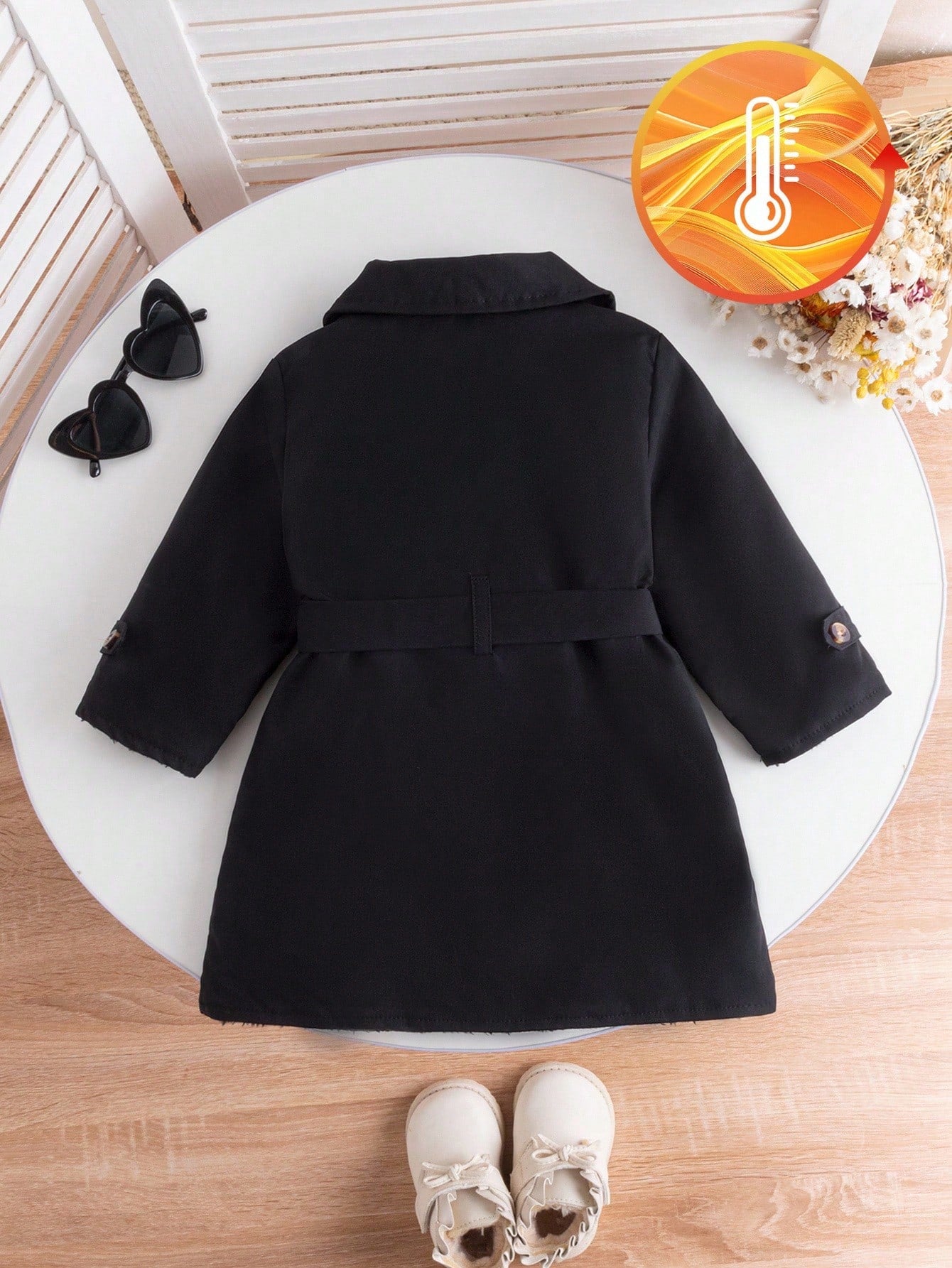 1pc Fashionable Minimalist Street Style Black Long Sleeve Lapel Long Trench Coat With Fur Decor Inside And Belt, Suitable For Daily Wear And School