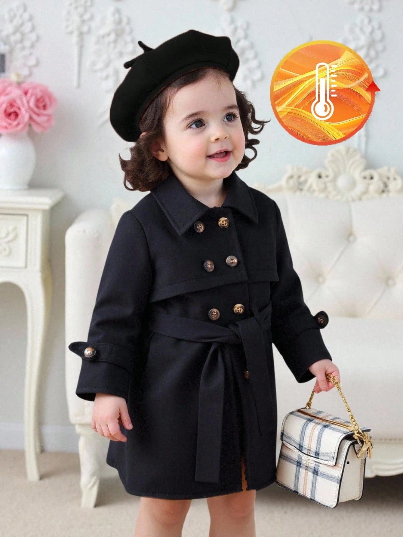 1pc Fashionable Minimalist Street Style Black Long Sleeve Lapel Long Trench Coat With Fur Decor Inside And Belt, Suitable For Daily Wear And School