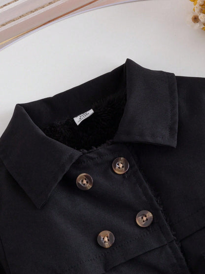 1pc Fashionable Minimalist Street Style Black Long Sleeve Lapel Long Trench Coat With Fur Decor Inside And Belt, Suitable For Daily Wear And School