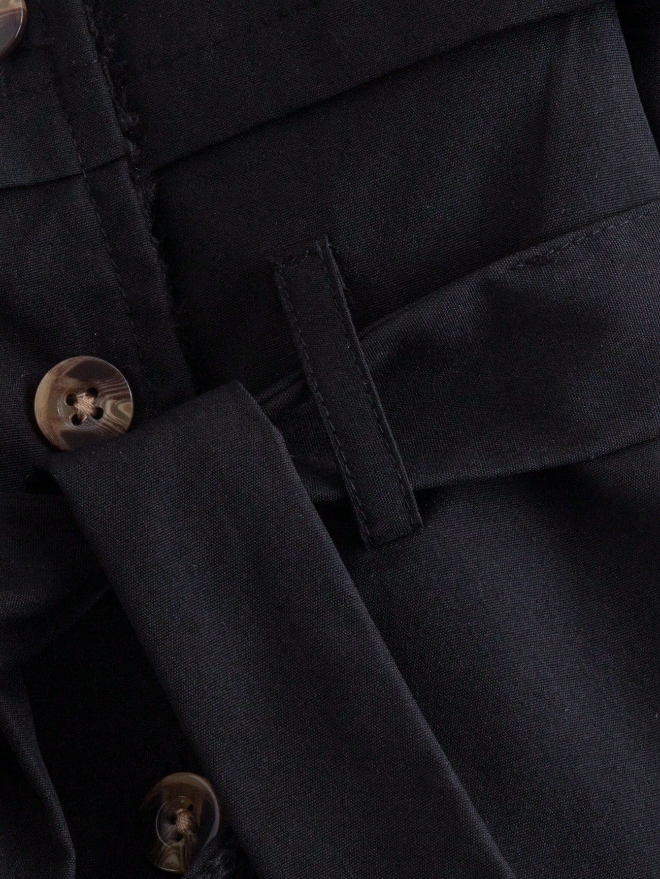 1pc Fashionable Minimalist Street Style Black Long Sleeve Lapel Long Trench Coat With Fur Decor Inside And Belt, Suitable For Daily Wear And School