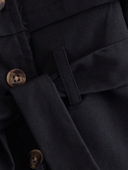 1pc Fashionable Minimalist Street Style Black Long Sleeve Lapel Long Trench Coat With Fur Decor Inside And Belt, Suitable For Daily Wear And School