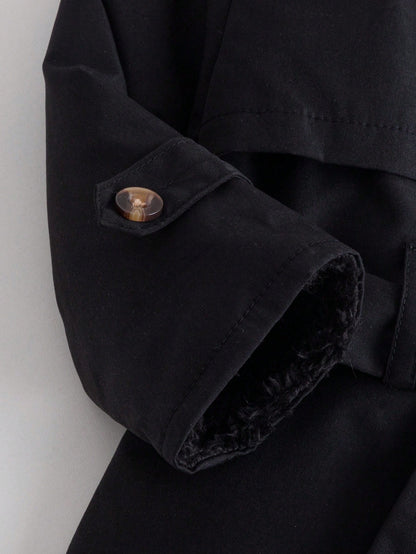 1pc Fashionable Minimalist Street Style Black Long Sleeve Lapel Long Trench Coat With Fur Decor Inside And Belt, Suitable For Daily Wear And School