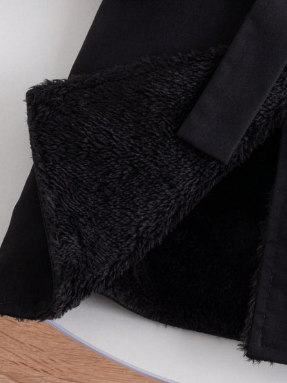 1pc Fashionable Minimalist Street Style Black Long Sleeve Lapel Long Trench Coat With Fur Decor Inside And Belt, Suitable For Daily Wear And School