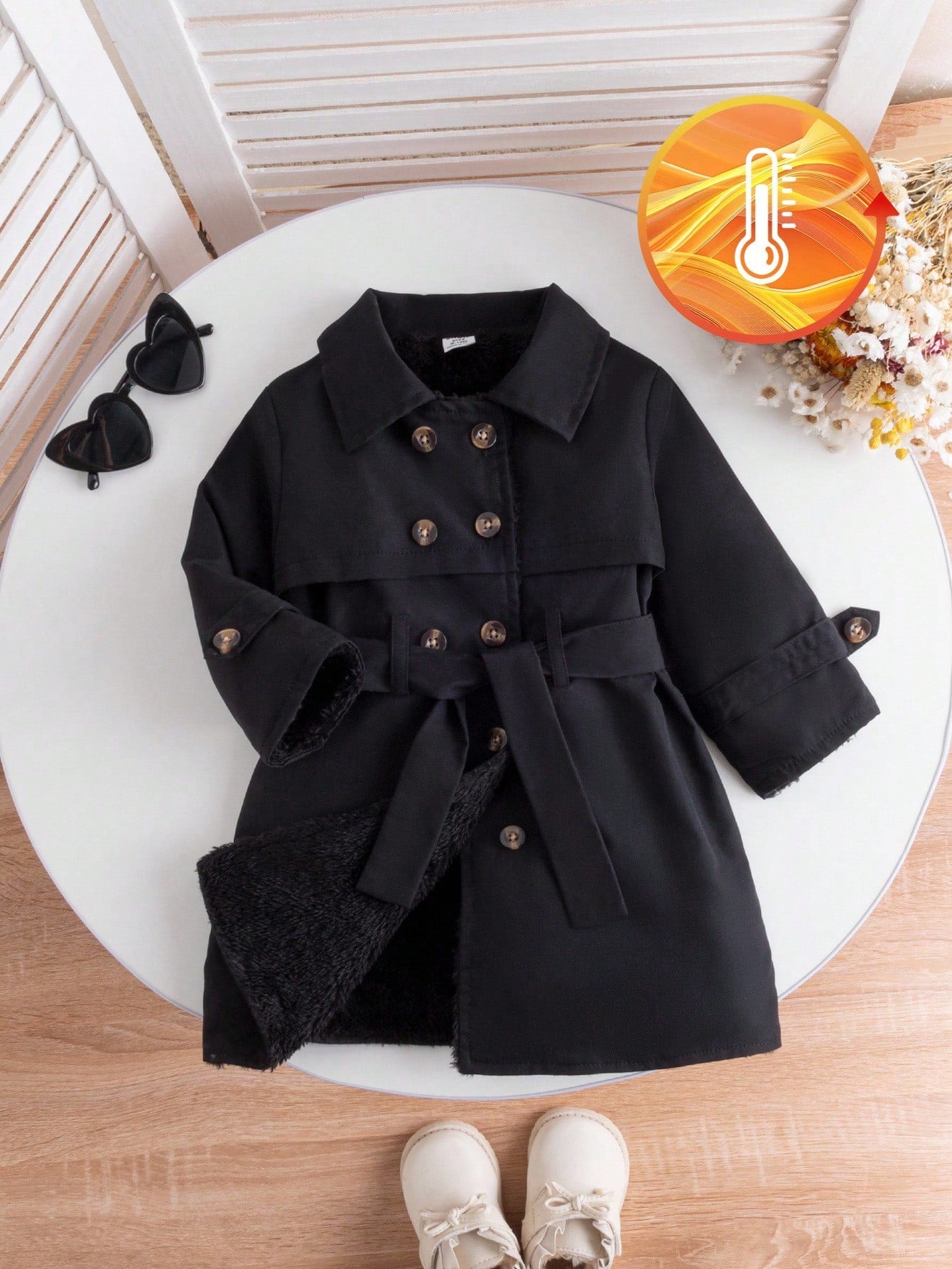 1pc Fashionable Minimalist Street Style Black Long Sleeve Lapel Long Trench Coat With Fur Decor Inside And Belt, Suitable For Daily Wear And School