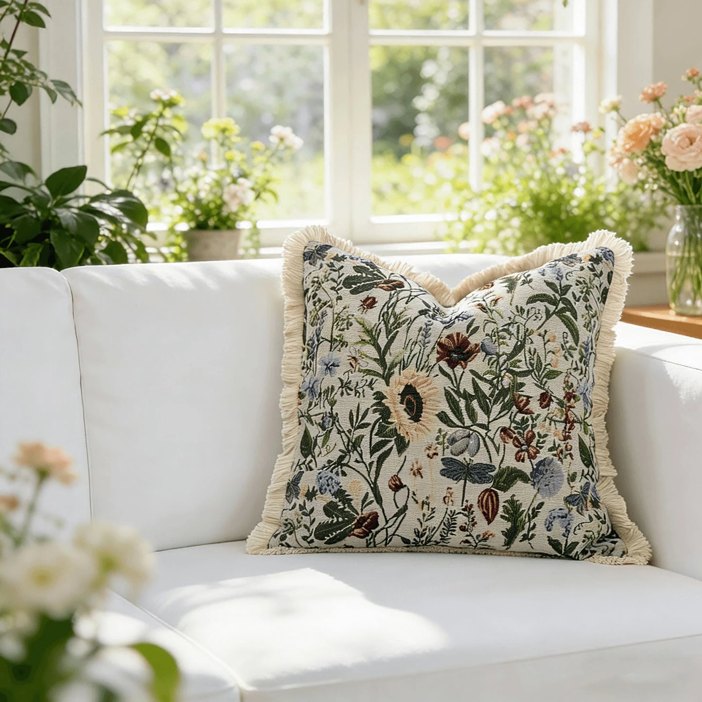 1pc French Vintage Floral Jacquard Soft Cushion Cover, Spring Summer Pastoral Tassel Sofa Cushion, INS Dorm Decor, Bed Headboard Decorative Pillow, Farmhouse Style Tassel Throw Pillow Cover, Bohemian