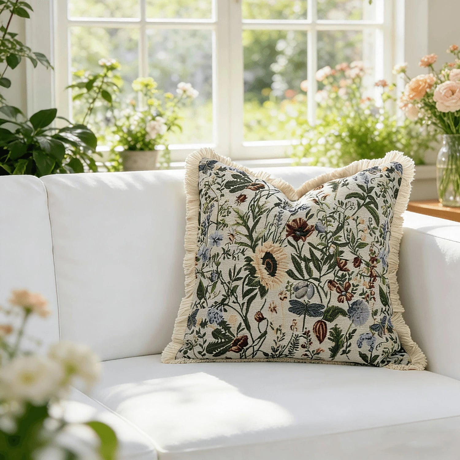 1pc French Vintage Floral Jacquard Soft Cushion Cover, Spring Summer Pastoral Tassel Sofa Cushion, INS Dorm Decor, Bed Headboard Decorative Pillow, Farmhouse Style Tassel Throw Pillow Cover, Bohemian