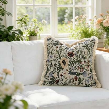 1pc French Vintage Floral Jacquard Soft Cushion Cover, Spring Summer Pastoral Tassel Sofa Cushion, INS Dorm Decor, Bed Headboard Decorative Pillow, Farmhouse Style Tassel Throw Pillow Cover, Bohemian