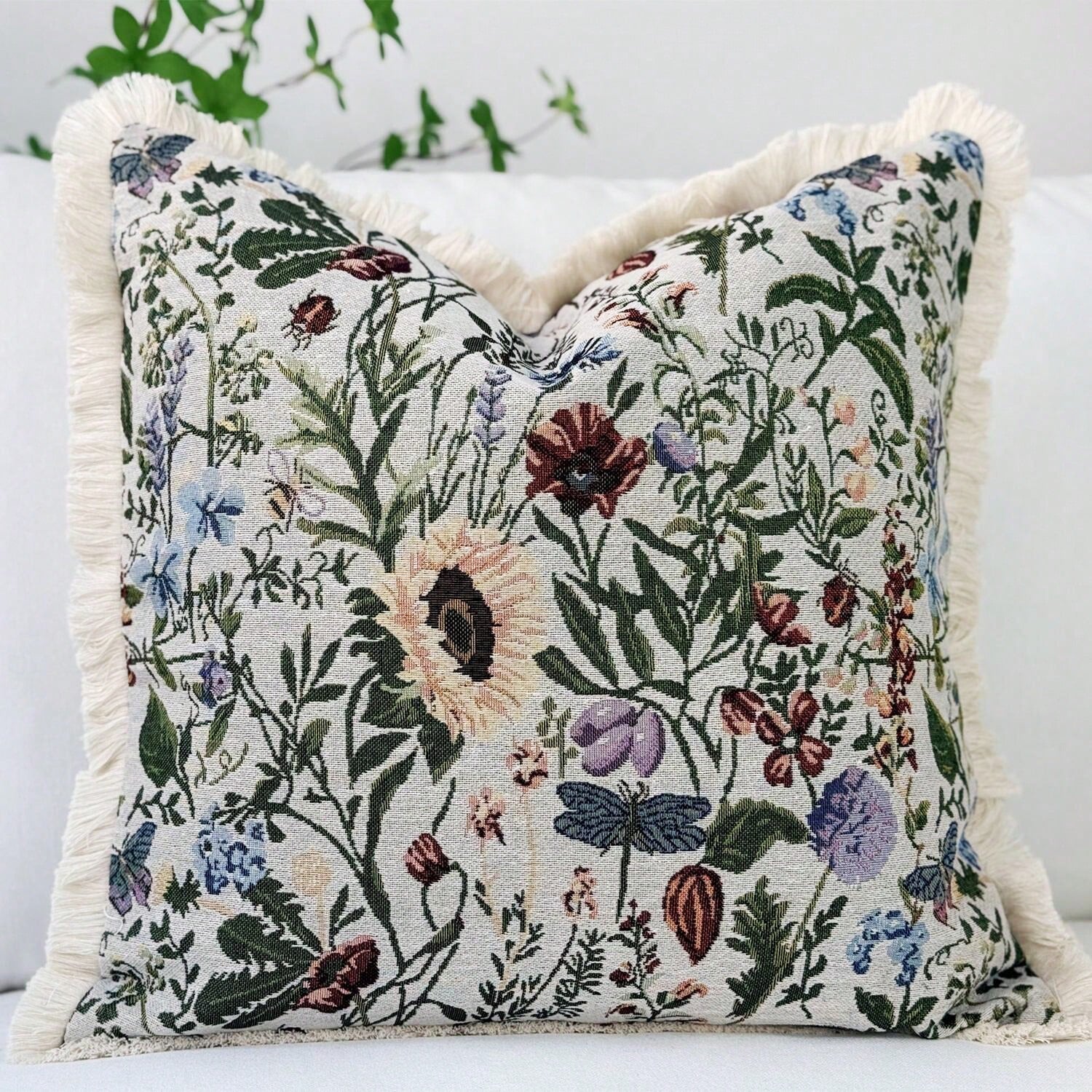 1pc French Vintage Floral Jacquard Soft Cushion Cover, Spring Summer Pastoral Tassel Sofa Cushion, INS Dorm Decor, Bed Headboard Decorative Pillow, Farmhouse Style Tassel Throw Pillow Cover, Bohemian