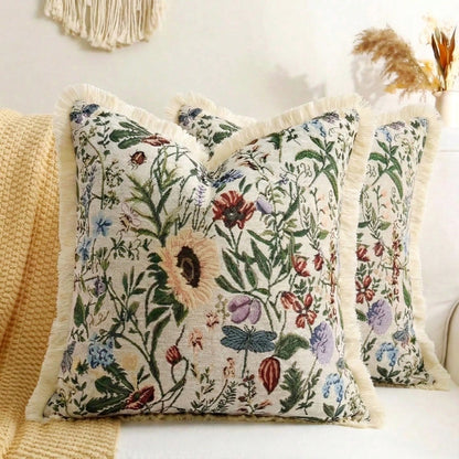 1pc French Vintage Floral Jacquard Soft Cushion Cover, Spring Summer Pastoral Tassel Sofa Cushion, INS Dorm Decor, Bed Headboard Decorative Pillow, Farmhouse Style Tassel Throw Pillow Cover, Bohemian