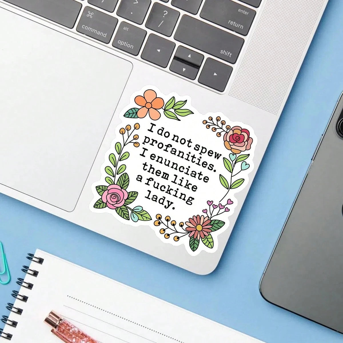 1PC Funny Profanity Sticker For Women, Sarcastic Quote Laptop Decal, Adult Humor Vinyl Sticker, Floral Swear Word Art, Women Empowerment Gift For Her, Like A Lady Decal For Water Bottle, Removable & W