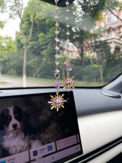 1PC Geometric Sun Asymmetrical Stone Car Rearview Mirror Hanging Ornament Fashion Amethyst Car Decor Pendant