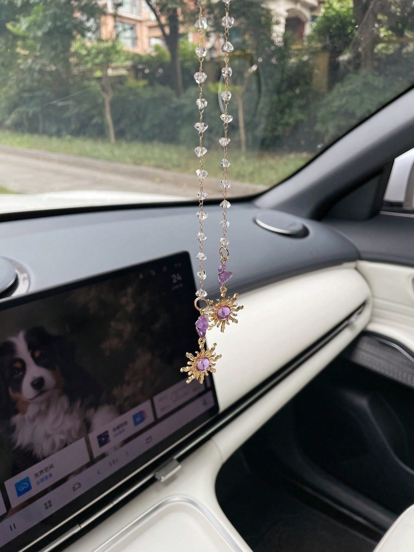 1PC Geometric Sun Asymmetrical Stone Car Rearview Mirror Hanging Ornament Fashion Amethyst Car Decor Pendant