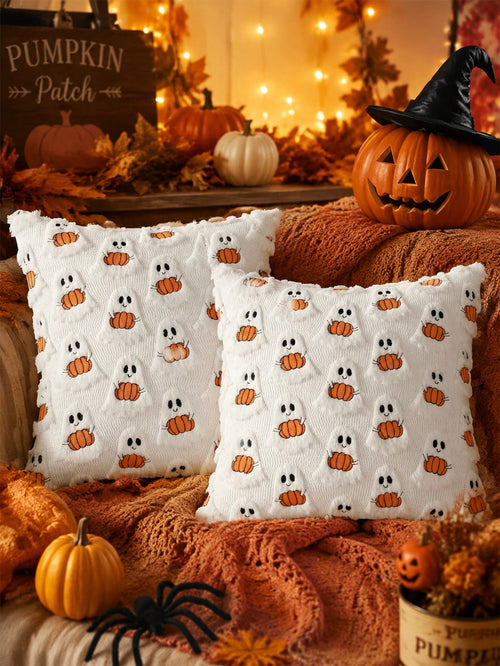 1Pc Ghost Pumpkin Pillowcase, 18x18 Inches, Soft Halloween Decoration, Suitable For Sofa/Bed/Living Room, Bright Orange And White Festive Home Decor.