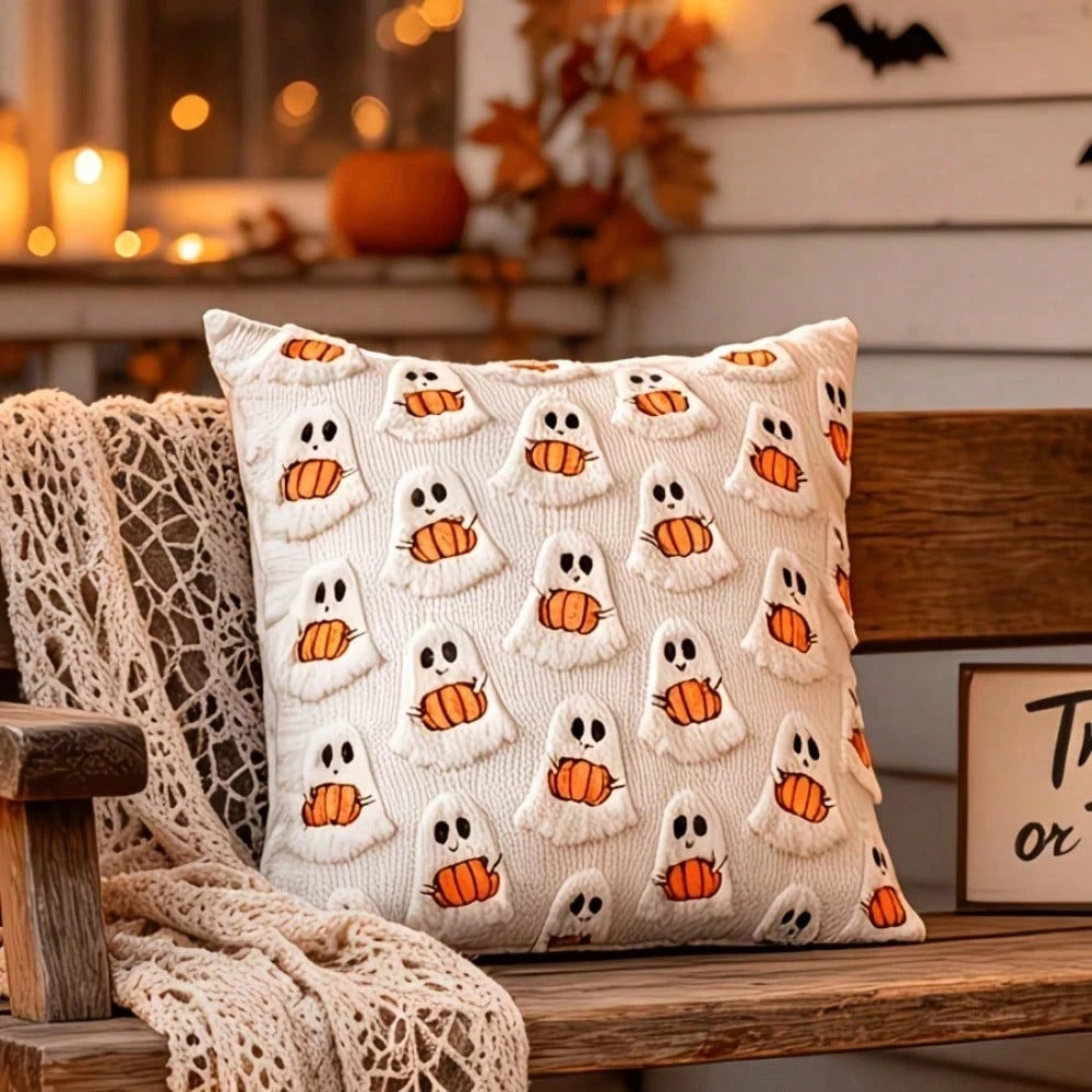 1Pc Ghost Pumpkin Pillowcase, 18x18 Inches, Soft Halloween Decoration, Suitable For Sofa/Bed/Living Room, Bright Orange And White Festive Home Decor.