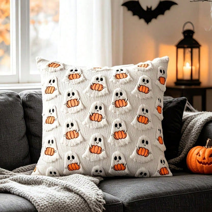 1Pc Ghost Pumpkin Pillowcase, 18x18 Inches, Soft Halloween Decoration, Suitable For Sofa/Bed/Living Room, Bright Orange And White Festive Home Decor.