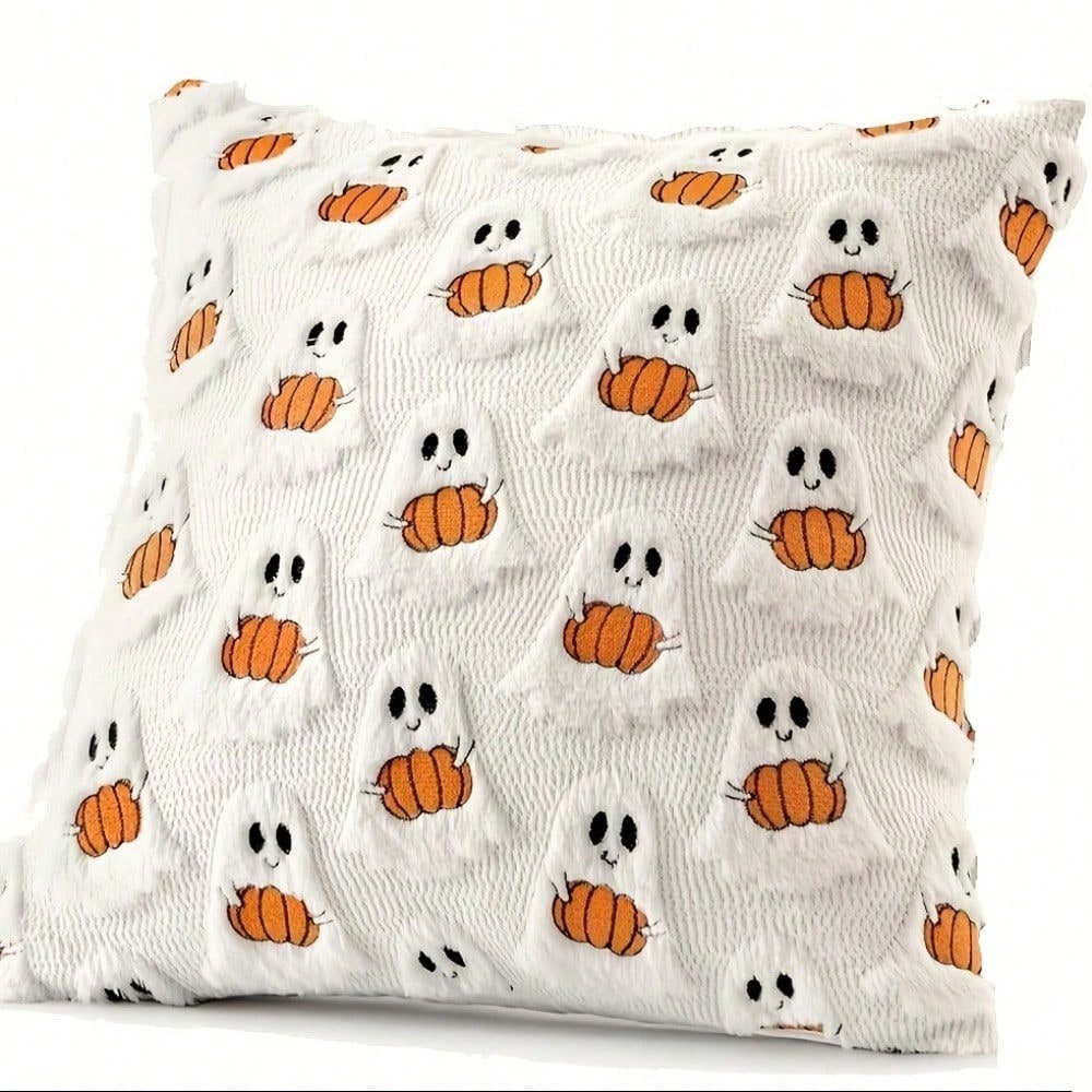 1Pc Ghost Pumpkin Pillowcase, 18x18 Inches, Soft Halloween Decoration, Suitable For Sofa/Bed/Living Room, Bright Orange And White Festive Home Decor.