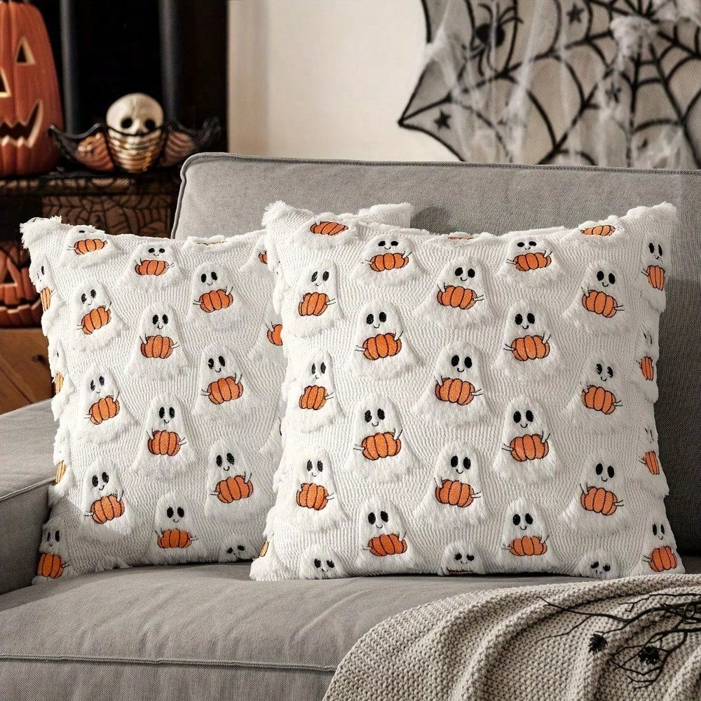 1Pc Ghost Pumpkin Pillowcase, 18x18 Inches, Soft Halloween Decoration, Suitable For Sofa/Bed/Living Room, Bright Orange And White Festive Home Decor.