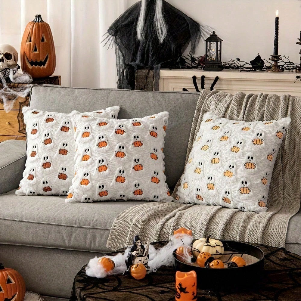 1Pc Ghost Pumpkin Pillowcase, 18x18 Inches, Soft Halloween Decoration, Suitable For Sofa/Bed/Living Room, Bright Orange And White Festive Home Decor.