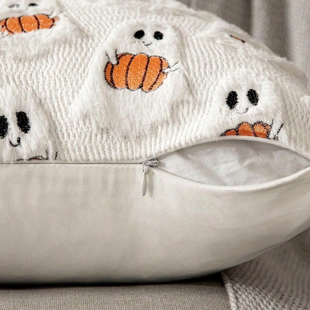 1Pc Ghost Pumpkin Pillowcase, 18x18 Inches, Soft Halloween Decoration, Suitable For Sofa/Bed/Living Room, Bright Orange And White Festive Home Decor.
