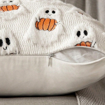 1Pc Ghost Pumpkin Pillowcase, 18x18 Inches, Soft Halloween Decoration, Suitable For Sofa/Bed/Living Room, Bright Orange And White Festive Home Decor.