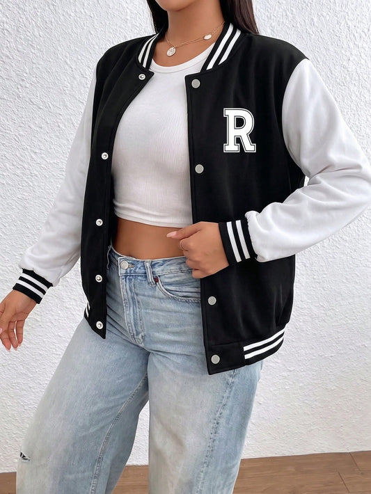 1pc Girls' Casual Loose Colorblock Outdoor Sports Letter Print Ribbed Contrast Color Fleece Lined Thickened Open Front Jacket Baseball Shirt Spring Autumn Winter Back To School