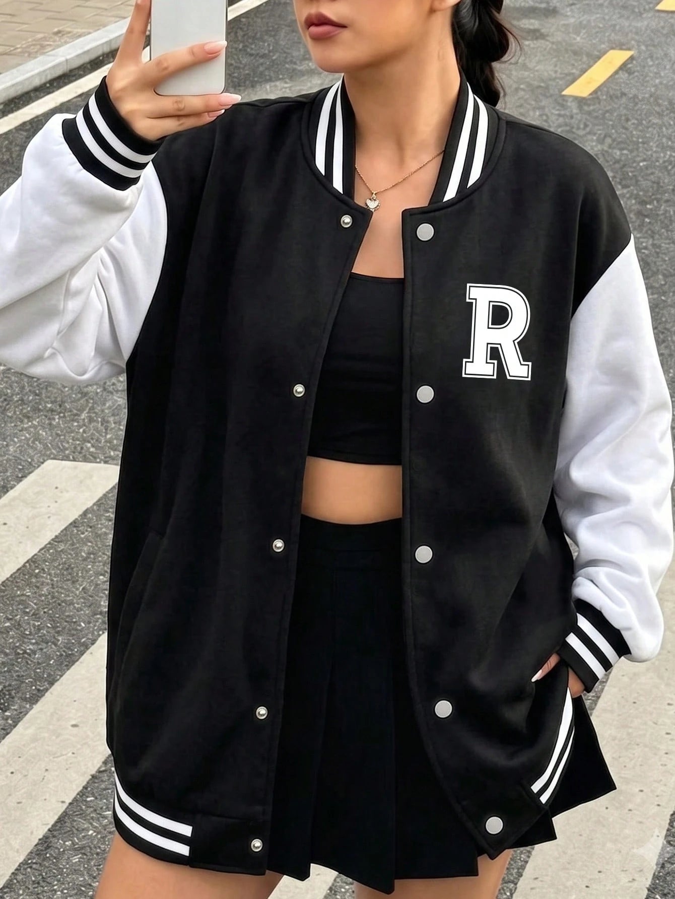 1pc Girls' Casual Loose Colorblock Outdoor Sports Letter Print Ribbed Contrast Color Fleece Lined Thickened Open Front Jacket Baseball Shirt Spring Autumn Winter Back To School