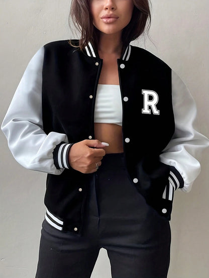 1pc Girls' Casual Loose Colorblock Outdoor Sports Letter Print Ribbed Contrast Color Fleece Lined Thickened Open Front Jacket Baseball Shirt Spring Autumn Winter Back To School
