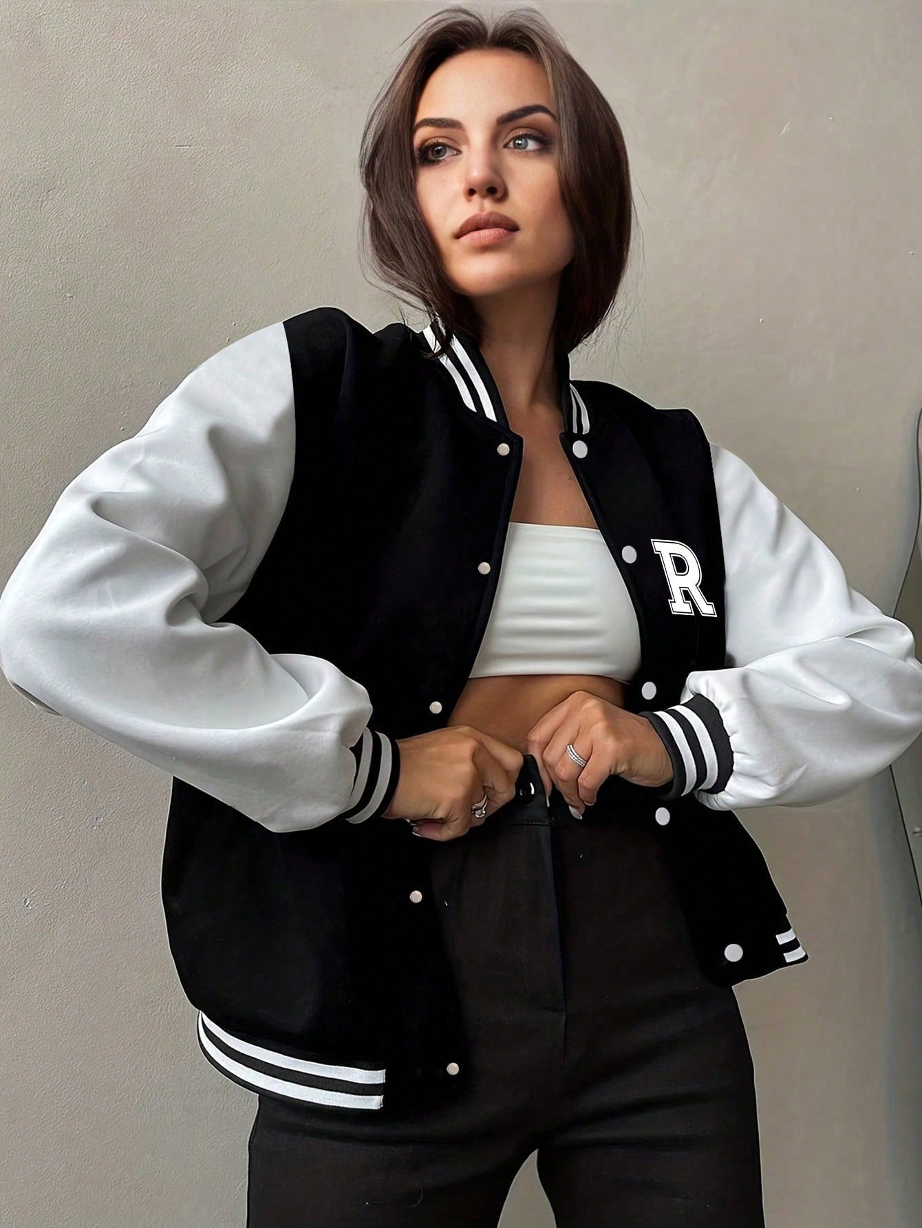 1pc Girls' Casual Loose Colorblock Outdoor Sports Letter Print Ribbed Contrast Color Fleece Lined Thickened Open Front Jacket Baseball Shirt Spring Autumn Winter Back To School