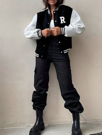 1pc Girls' Casual Loose Colorblock Outdoor Sports Letter Print Ribbed Contrast Color Fleece Lined Thickened Open Front Jacket Baseball Shirt Spring Autumn Winter Back To School