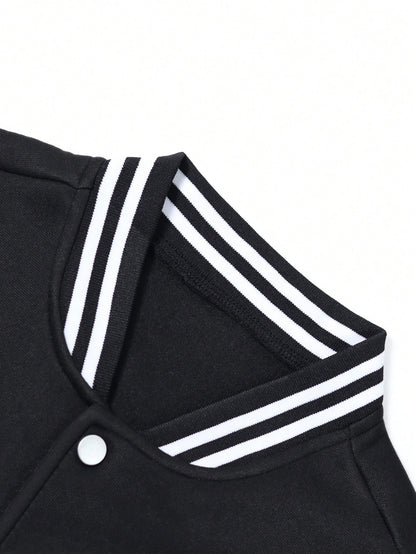 1pc Girls' Casual Loose Colorblock Outdoor Sports Letter Print Ribbed Contrast Color Fleece Lined Thickened Open Front Jacket Baseball Shirt Spring Autumn Winter Back To School