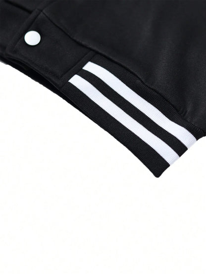 1pc Girls' Casual Loose Colorblock Outdoor Sports Letter Print Ribbed Contrast Color Fleece Lined Thickened Open Front Jacket Baseball Shirt Spring Autumn Winter Back To School