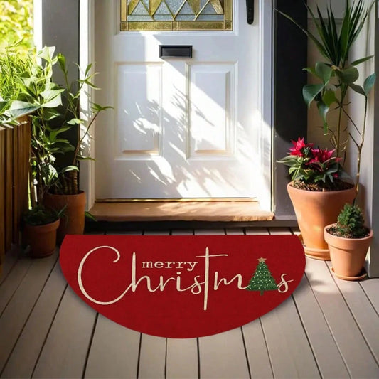 1pc Half Round Merry Christmas Doormat, Non Slip Absorbent Front Entrance Rug, Xmas Tree Decor Welcome Floor Mat For Porch Home Holiday Decor