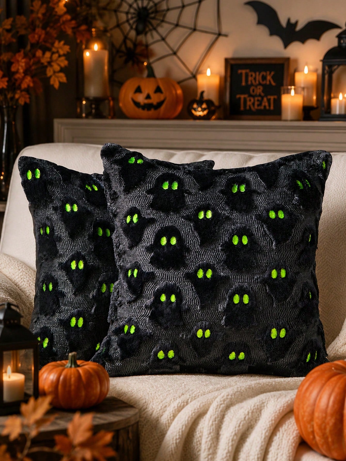 1pc Halloween Black Ghost Throw Pillow Cover, Soft Plush Faux Fur Wool Sofa Cushion Case, Suitable For Chair, Sofa, Bedroom, Living Room Home Decor