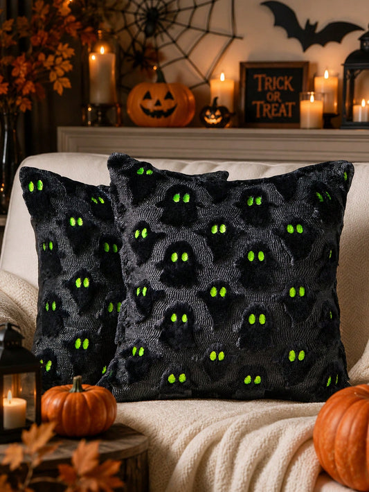 1pc Halloween Black Ghost Throw Pillow Cover, Soft Plush Faux Fur Wool Sofa Cushion Case, Suitable For Chair, Sofa, Bedroom, Living Room Home Decor