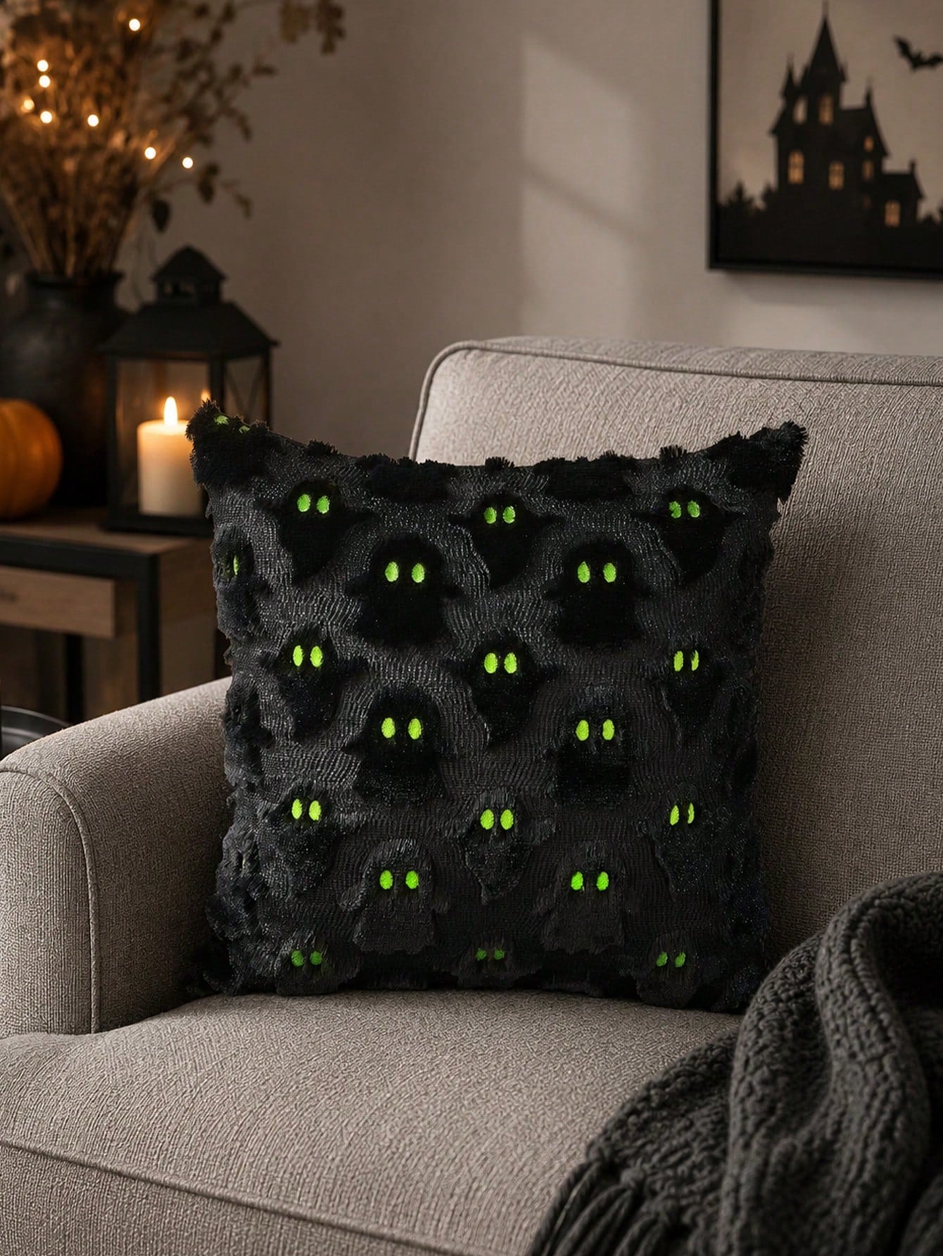 1pc Halloween Black Ghost Throw Pillow Cover, Soft Plush Faux Fur Wool Sofa Cushion Case, Suitable For Chair, Sofa, Bedroom, Living Room Home Decor