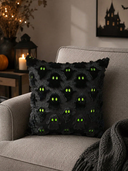 1pc Halloween Black Ghost Throw Pillow Cover, Soft Plush Faux Fur Wool Sofa Cushion Case, Suitable For Chair, Sofa, Bedroom, Living Room Home Decor