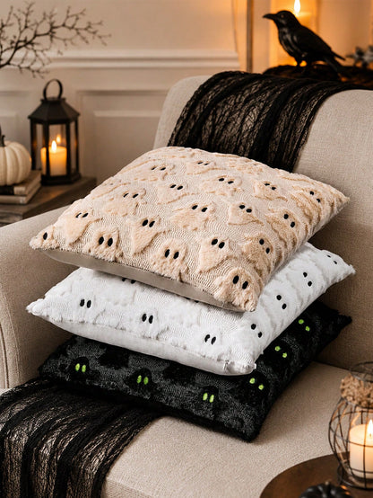 1pc Halloween Black Ghost Throw Pillow Cover, Soft Plush Faux Fur Wool Sofa Cushion Case, Suitable For Chair, Sofa, Bedroom, Living Room Home Decor