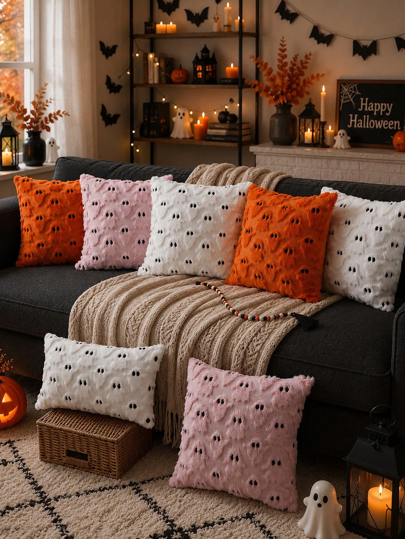 1pc Halloween Black Ghost Throw Pillow Cover, Soft Plush Faux Fur Wool Sofa Cushion Case, Suitable For Chair, Sofa, Bedroom, Living Room Home Decor