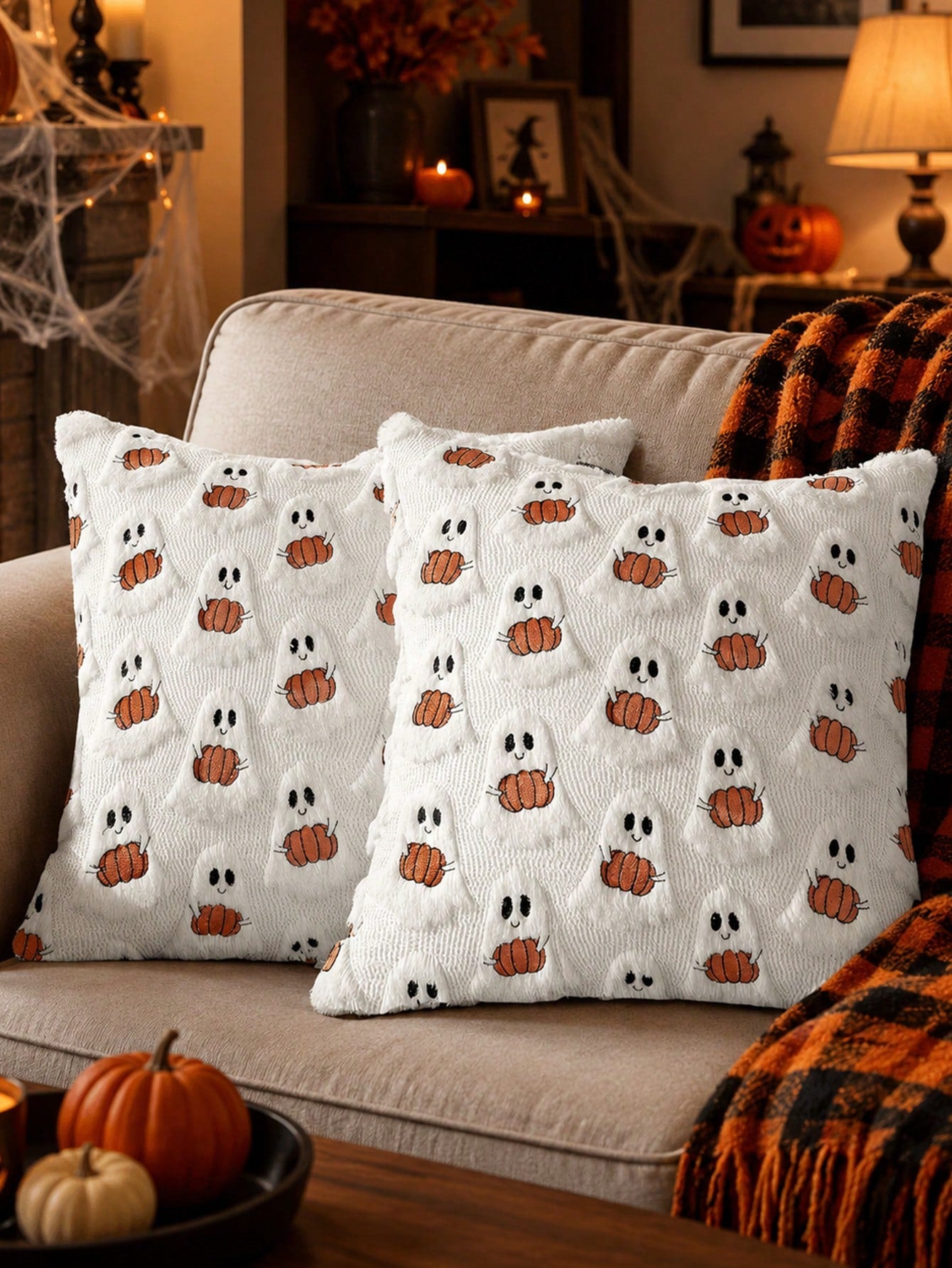 1pc Halloween Black Ghost Throw Pillow Cover, Soft Plush Faux Fur Wool Sofa Cushion Case, Suitable For Chair, Sofa, Bedroom, Living Room Home Decor