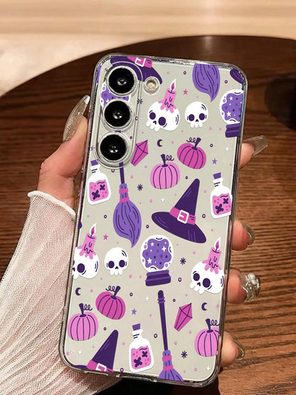 1pc Halloween Skeleton Pumpkin Witch Hat Transparent Soft Phone Case Protective Cover Compatible With Huawei Honor, Galaxy A04e/12/A13/A14/A34/A50/A52/A53/A54/S21/S22/S23/S24/S25/S25Ultra/S25FE/S26/S2