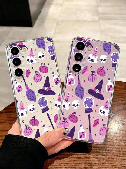 1pc Halloween Skeleton Pumpkin Witch Hat Transparent Soft Phone Case Protective Cover Compatible With Huawei Honor, Galaxy A04e/12/A13/A14/A34/A50/A52/A53/A54/S21/S22/S23/S24/S25/S25Ultra/S25FE/S26/S2