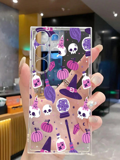 1pc Halloween Skeleton Pumpkin Witch Hat Transparent Soft Phone Case Protective Cover Compatible With Huawei Honor, Galaxy A04e/12/A13/A14/A34/A50/A52/A53/A54/S21/S22/S23/S24/S25/S25Ultra/S25FE/S26/S2