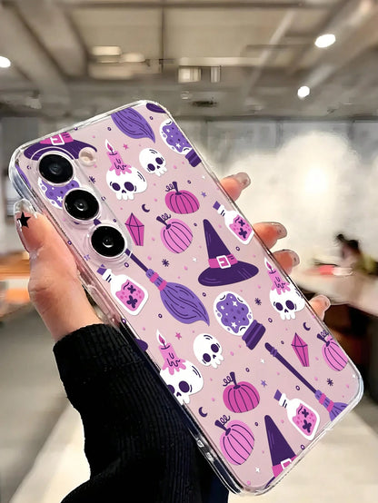 1pc Halloween Skeleton Pumpkin Witch Hat Transparent Soft Phone Case Protective Cover Compatible With Huawei Honor, Galaxy A04e/12/A13/A14/A34/A50/A52/A53/A54/S21/S22/S23/S24/S25/S25Ultra/S25FE/S26/S2